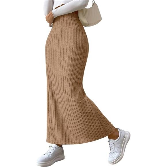 Women's Side Slit Ribbed Knit Bodycon Long Skirts Khaki - Picture 1 of 5